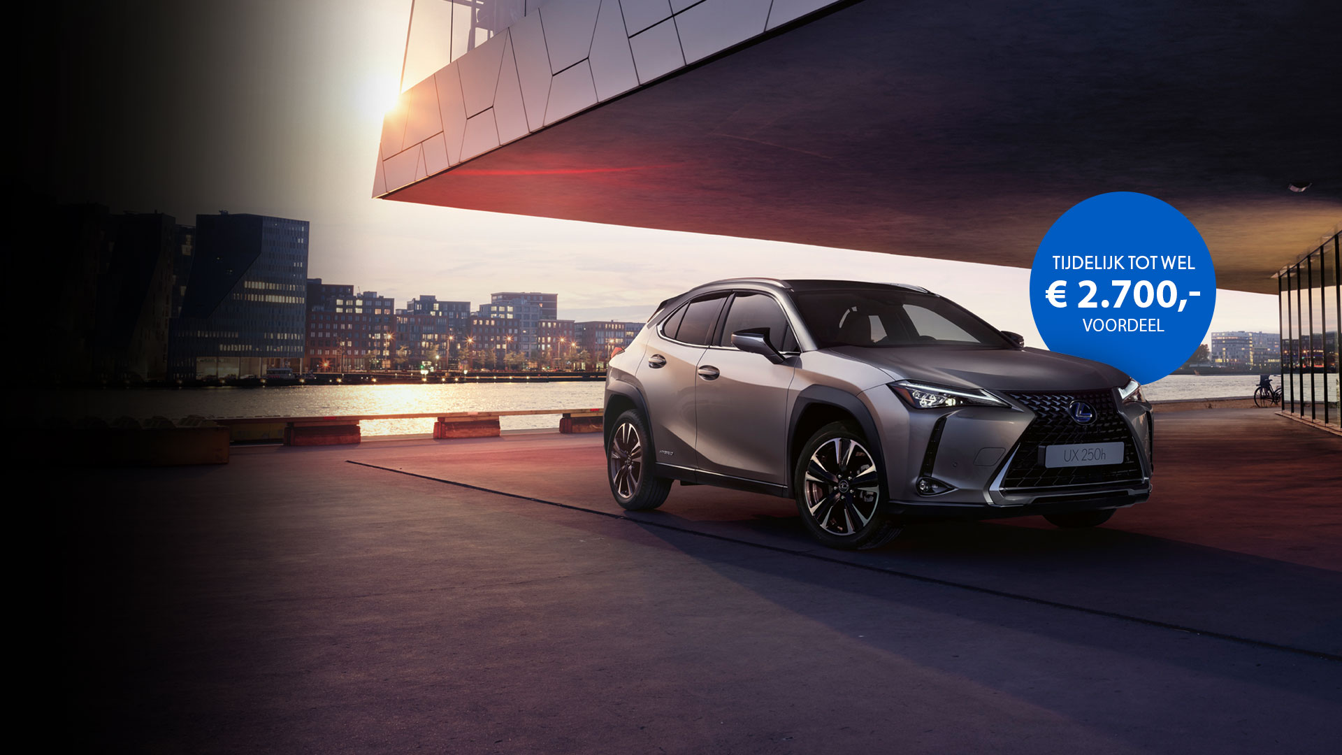 Zijkant van een zilvergrijze Lexus UX 250h